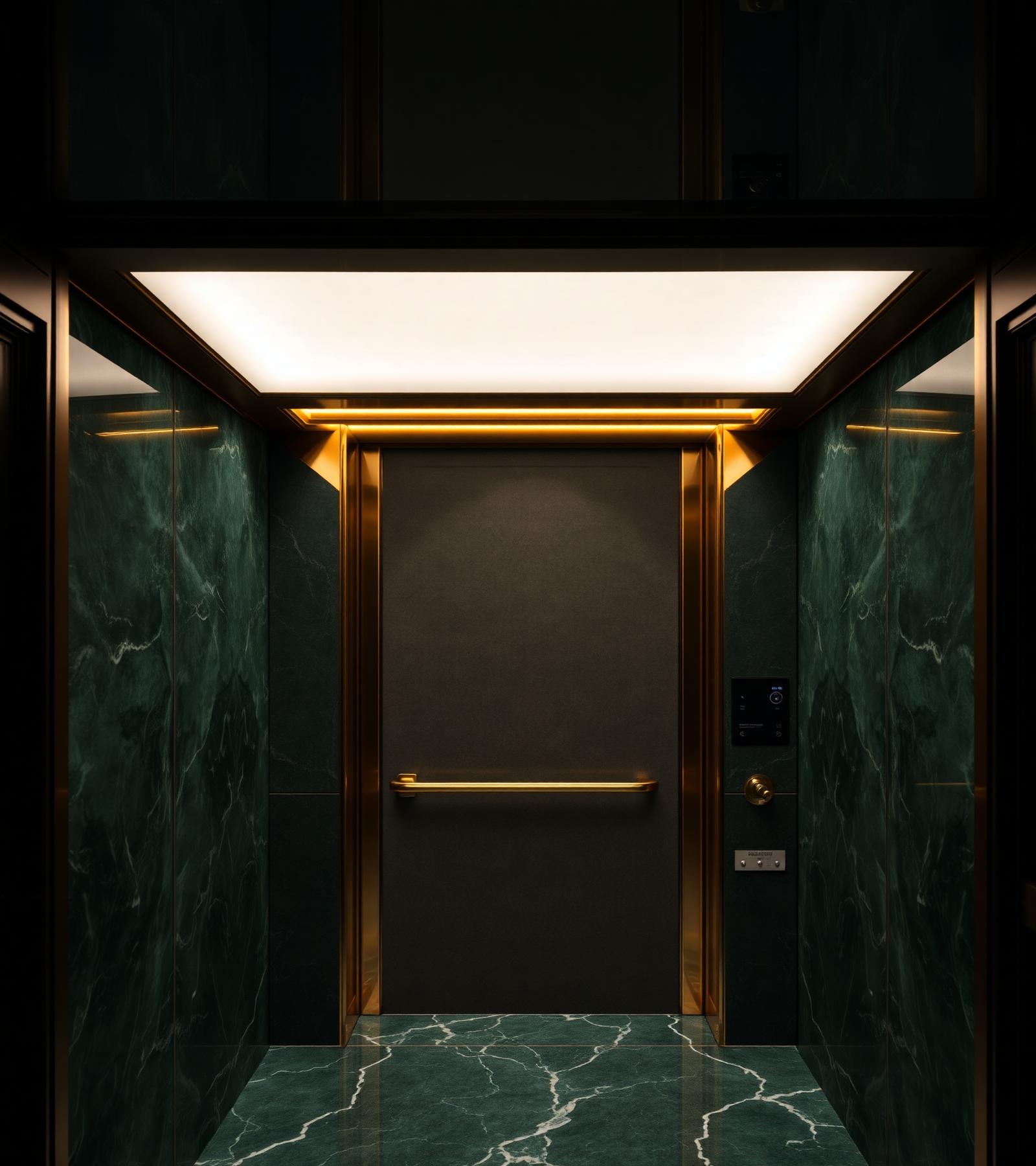 Luxury NeoRise home elevator with emerald marble and gold trim